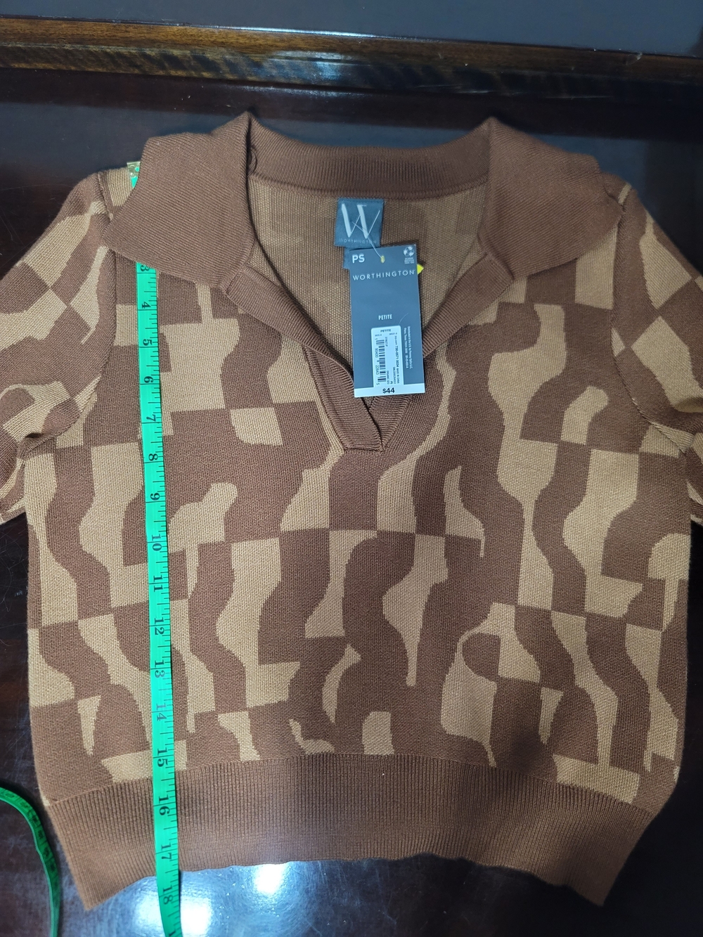 Worthington Brown Geometric Knit Polo Top - Size PS NWT